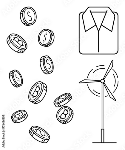 Environmental sustainability, renewable energy, green economy, cryptocurrency, fashion, eco-consciousness. Bitcoin coins, wind turbine and shirt. Environmental sustainability and renewable energy