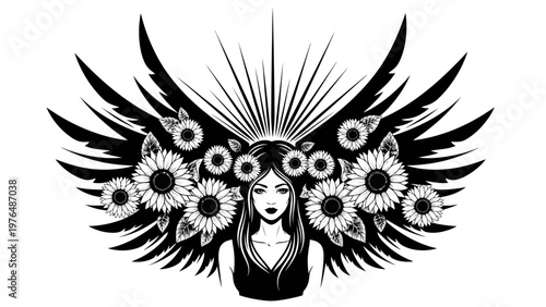 Mystical Woman with Sunflower Crown and Angel Wings, Ethereal Beauty, Black and White Graphic