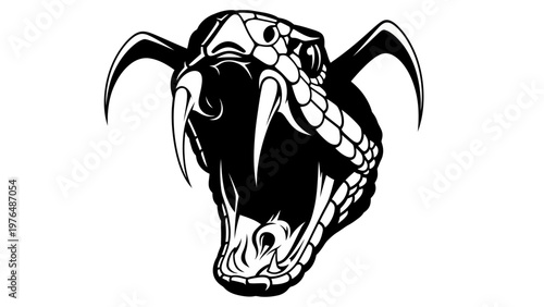 Aggressive Viper Snake Head Open Mouth Fangs Ready to Strike, Black and White Vector Art