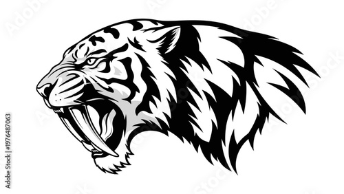 Aggressive Saber-Toothed Tiger Head Mascot, Fierce Predator Roaring