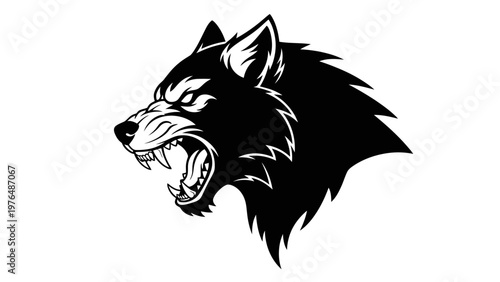 Aggressive Wolf Head Silhouette Logo, Fierce Animal Mascot, Black and White