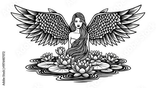 Mystical Angelic Woman with Large Feathered Wings Amidst Water Lilies