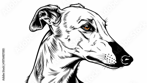 Elegant Greyhound Dog Portrait, Black and White Ink Sketch, Side View
