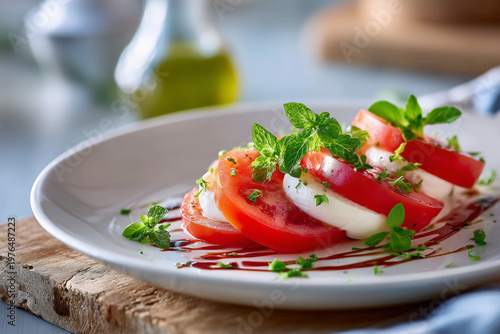 Fresh Caprese salad with sliced tomatoes, mozzarella cheese, and basil leaves drizzled with balsamic glaze on a white plate. AI generated