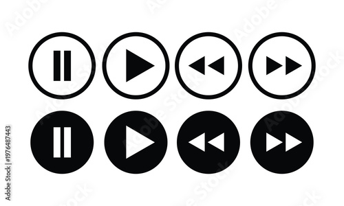 Media control icons set with play, pause, rewind, and fast forward buttons, black and white UI symbols, minimalist interface elements, multimedia navigation controls, vector style design.