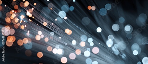 Detailed view of glowing fiber strands creating an abstract bokeh effect in two tones
