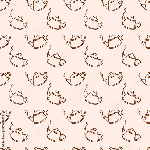 Seamless pattern with teapots on beige background. Minimal brown outline vector Print