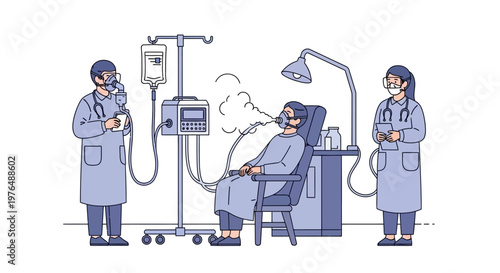 Vector illustration of medical professionals administering nebulizer treatment to a patient with a respiratory illness in a hospital setting