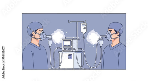 Vector illustration of two patients receiving nebulizer treatment connected to a ventilator machine for respiratory care and medical therapy