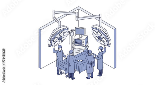An isometric vector illustration depicting a surgical team performing an operation under bright overhead lights in an operating room