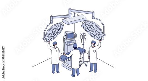 Vector Illustration of Surgical Team in Operating Room with Medical Equipment and Lights Ready for Procedure