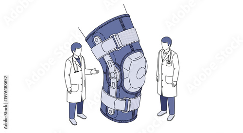 Vector graphic illustrating orthopedic doctors discussing a knee brace, emphasizing patient recovery, rehabilitation, and advanced medical support systems