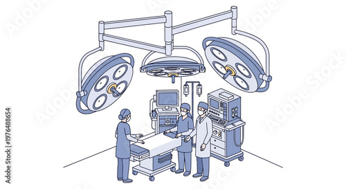Vector Illustration of a Surgical Operating Room Scene with Medical Professionals and Equipment