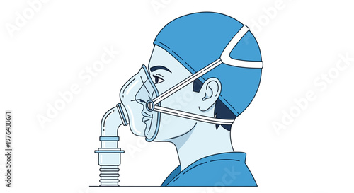 Vector Illustration of Medical Oxygen Mask Fitting on Patient's Face for Respiration Support and Oxygen Therapy