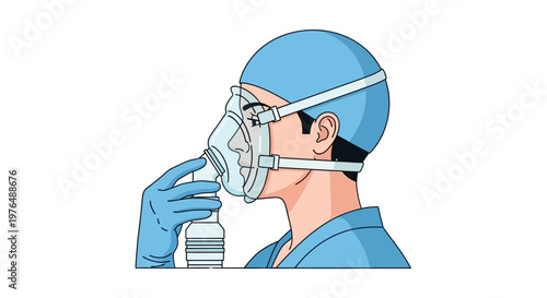 Detailed Vector illustration of a medical professional or patient demonstrating proper oxygen mask fitting for respiratory care and patient safety protocol