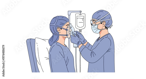 Vector illustration depicting a medical professional carefully fitting an oxygen mask to a patient, emphasizing crucial respiratory support during hospital treatment and care
