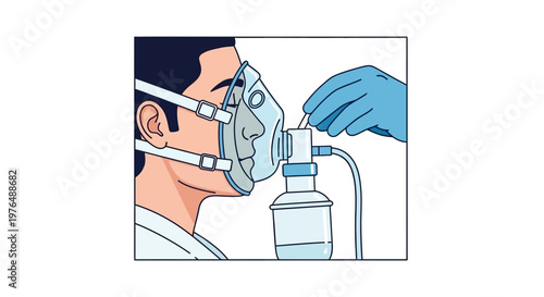 Essential Vector artwork illustrating the critical process of oxygen mask fitting by a healthcare provider, vital for respiratory assistance and patient well-being, showcasing medical precision