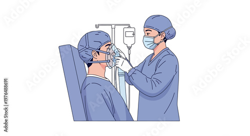Medical Professional Adjusting Oxygen Mask on Patient Undergoing Procedure, Vector Illustration