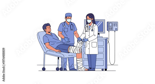 Medical professionals applying a plaster cast to a patient's leg in a hospital room, showcasing comprehensive injury treatment and care. A detailed Vector illustration