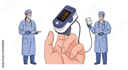 Vector illustration of medical professionals monitoring patient's health using a pulse oximeter, symbolizing healthcare and vital signs tracking in a modern clinic