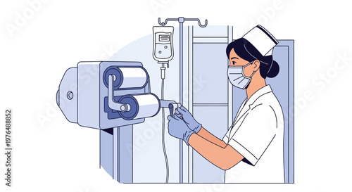 Vector Illustration of a Nurse Adjusting an IV Drip Bag, Representing Healthcare and Medical Care in a Clean and Professional Setting