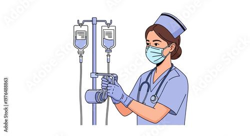 Vector illustration of a nurse wearing a mask and gloves, adjusting an intravenous drip bag with precision, medical care concept