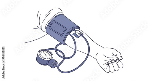 Vector illustration of a human arm with a blood pressure cuff and gauge attached for accurate health monitoring and measurement