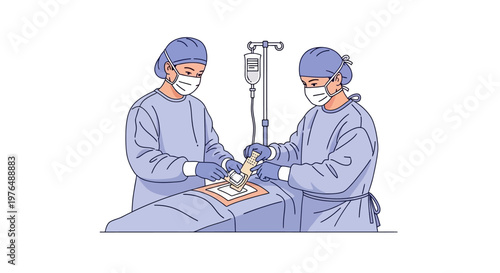 Vector illustration of surgeons performing an operation in a sterile operating room environment, demonstrating professional medical care and surgical procedures