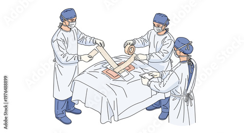 Surgical Team Preparing for Operation A Vector Illustration Showing Medical Professionals in Sterile Gowns Applying Dressings to a Patient on an Operating Table