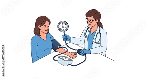Vector graphic illustrating a healthcare professional performing a precise manual blood pressure measurement on a patient for routine health monitoring