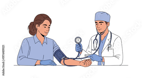 Medical Check-up Vector Illustration of a Doctor Measuring Blood Pressure of a Patient in a Clinic Setting, Healthcare Concept