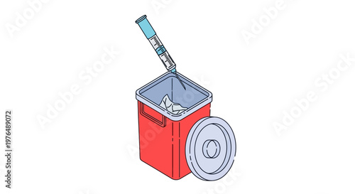 Illustration of a medical syringe being disposed of in a red medical waste bin, emphasizing safe disposal practices and healthcare waste management