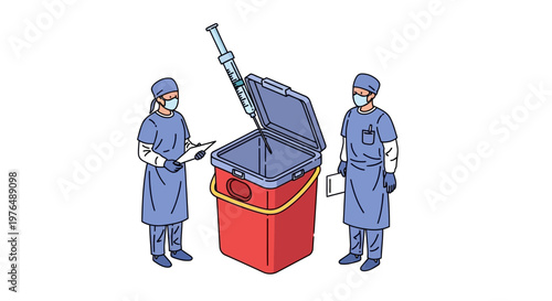 Medical Professionals Safely Dispose of Medical Waste Vector Illustration Showing Proper Handling and Containment of Biohazardous Materials
