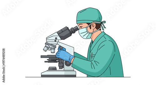 Vector illustration of a scientist or medical professional conducting detailed microscopic examination of biological samples on slides. Essential laboratory research and analysis
