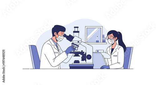 Professional scientists conducting meticulous laboratory research using a high-powered microscope, a detailed vector illustration showcasing scientific examination and discovery