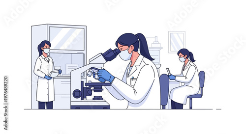 Vector illustration Scientists in a modern laboratory conducting detailed microscopic examination of samples, driving scientific research, development, and medical advancement