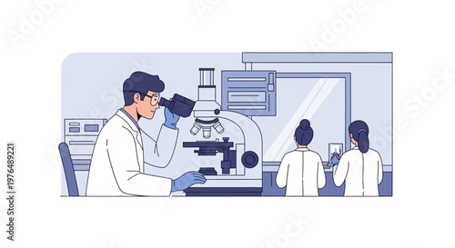 Vector illustration of scientists in a laboratory conducting research with a microscope, showcasing scientific discovery and innovation