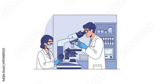 Vector illustration of scientists conducting scientific research and analysis in a modern laboratory, using a microscope for cellular examination and medical discovery