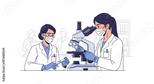 Two scientists in laboratory coats working with a microscope and slide, vector illustration for scientific research and medical discovery