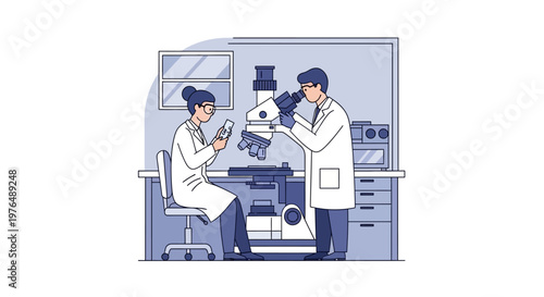 Vector illustration of dedicated scientists conducting precise microscopic examination and comprehensive data analysis in a contemporary laboratory, driving scientific research forward
