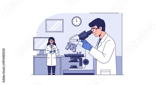 Vector illustration Scientists in a modern lab performing microscopic examination of samples, crucial for scientific discovery and research