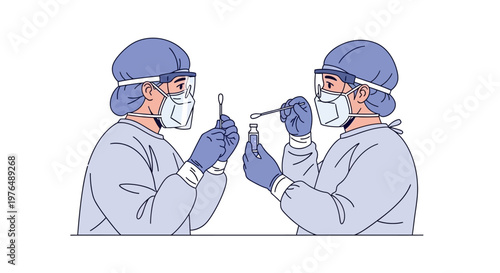 Medical professionals perform vital nasopharyngeal swab test for viral detection. Vector illustration showcasing essential healthcare screening, public health response