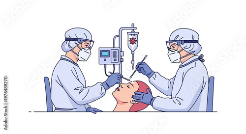 Vector illustration of medical professionals performing a medical examination on a patient with a nasopharyngeal swab for testing purposes