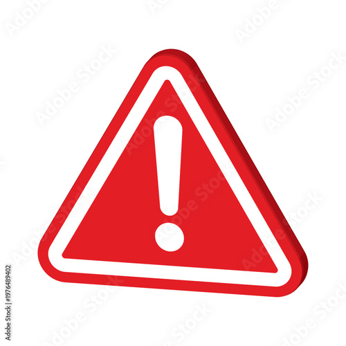 3D Red Warning Triangle Icon with Exclamation Mark, Trendy Glossy Alert Symbol for Caution, Error and Attention, Modern Digital Vector Isolated on White for Web Design and App UI UX Interface.