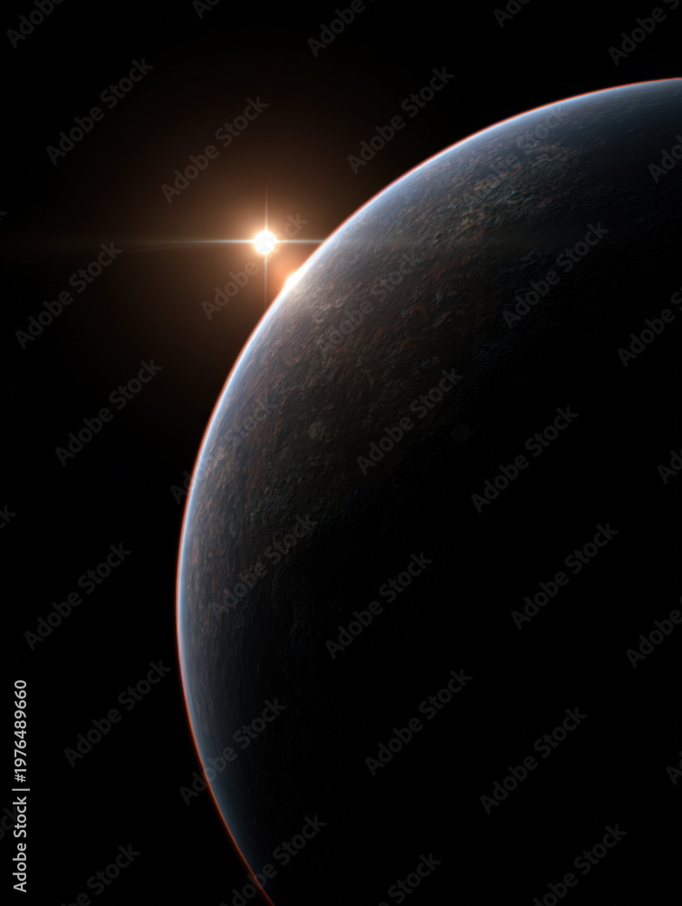 Obraz premium A planet in outer space, with a sun behind. Space Art.