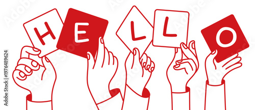Hands holding hello phrase. Vector simple linear illustration, hands and gesture, hand drawn illustration, poster, logo, print design template, business and creative work concept,