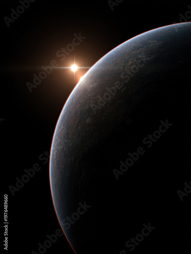 A planet in outer space, with a sun behind. Space Art.