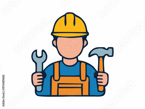 Construction Worker or Handyman Holding Wrench and Hammer Illustration for labor day design concept 