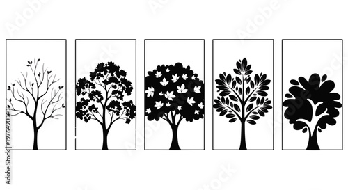 Εκτύπωση καμβά Five Distinct Minimalist Black Tree Silhouettes in Decorative Panels Design