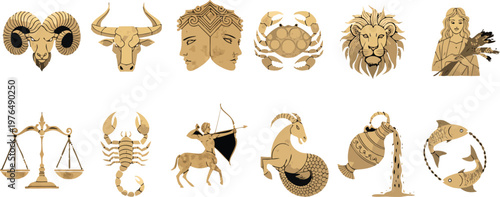 Complete set of 12 zodiac symbols in a vintage gold aesthetic. Includes Aries, Taurus, Gemini, Cancer, Leo, Virgo, Libra, Scorpio, Sagittarius, Capricorn, Aquarius, and Pisces icons for horoscopes